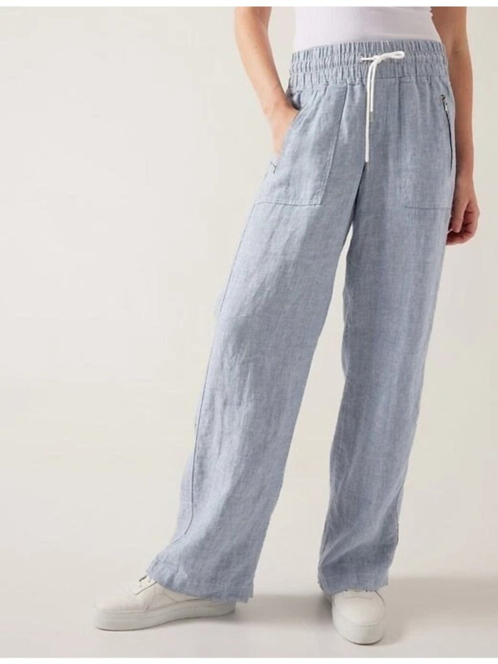 "Athleta Women's Linen Blend Wide Leg Pants Chambray Blue Drawstring Zip Pocket